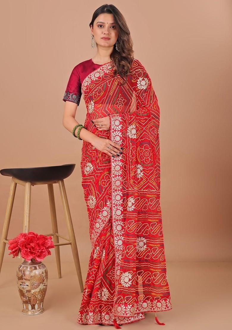 Red Printed Blended Saree Set