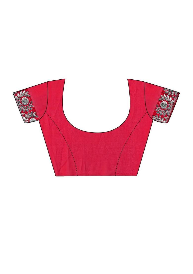 Red Printed Blended Saree Set