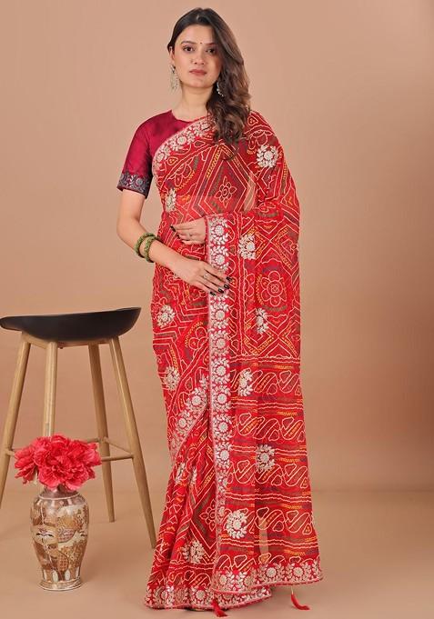 Red Printed Blended Saree Set