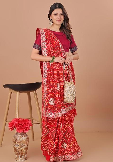 Red Printed Blended Saree Set