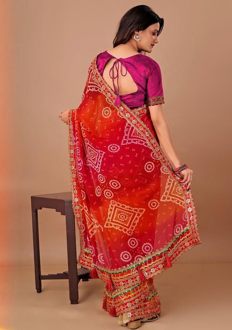 Red Printed Blended Saree Set