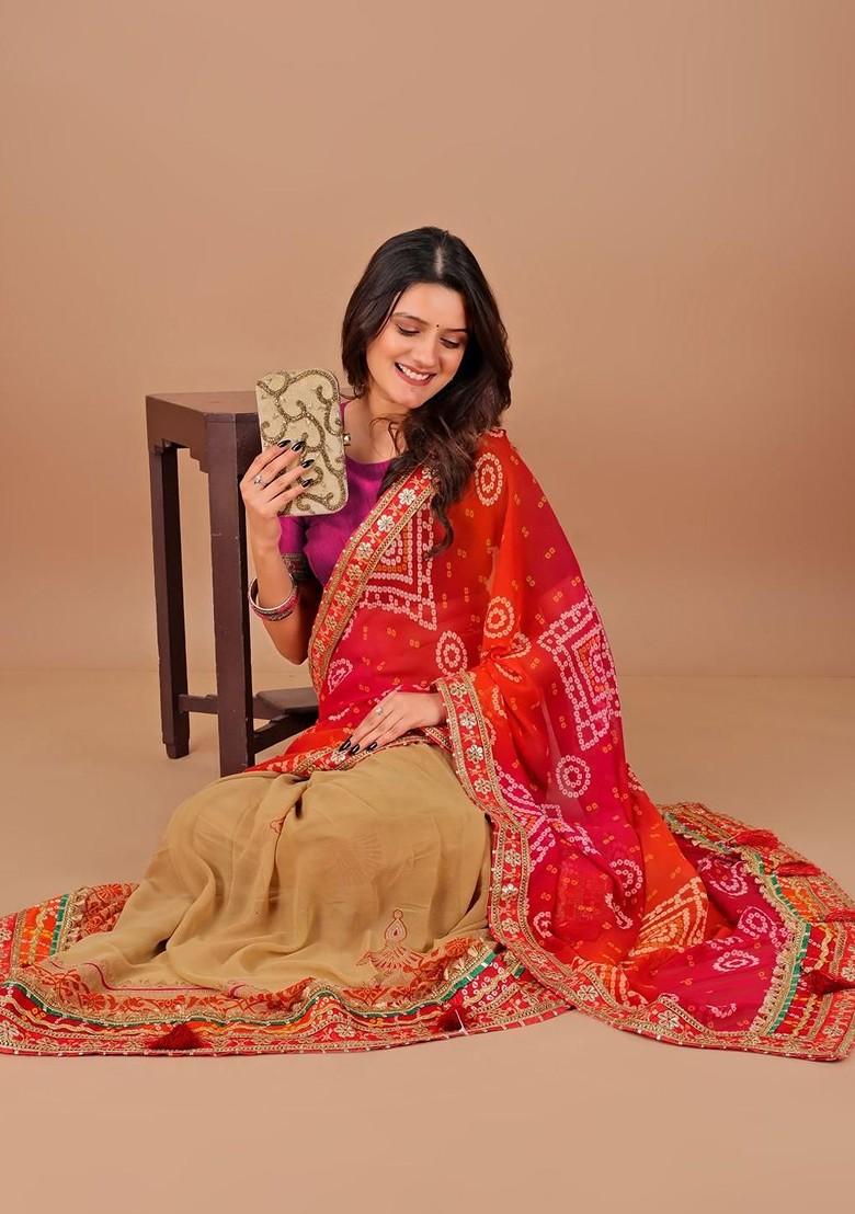 Red Printed Blended Saree Set