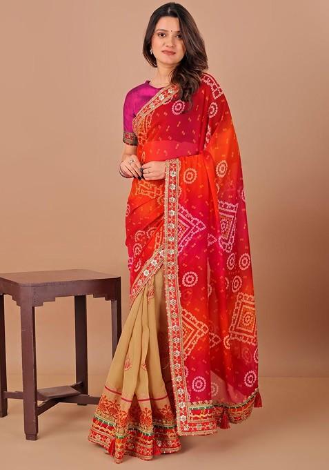 Red Printed Blended Saree Set