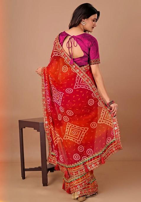 Red Printed Blended Saree Set