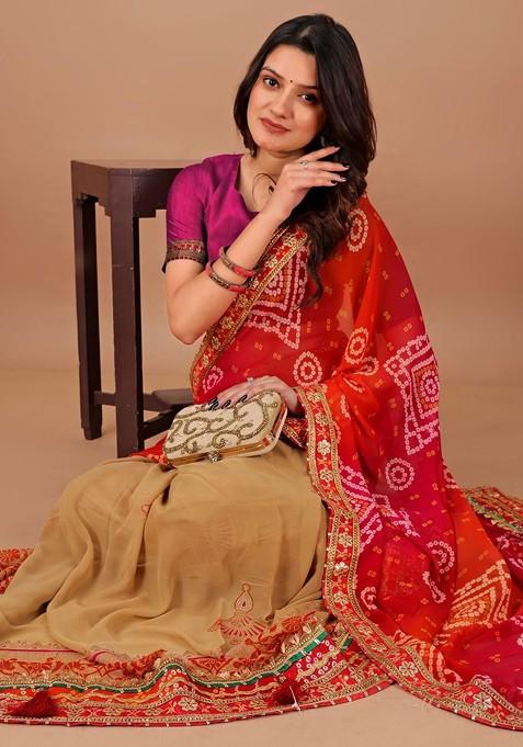Red Printed Blended Saree Set