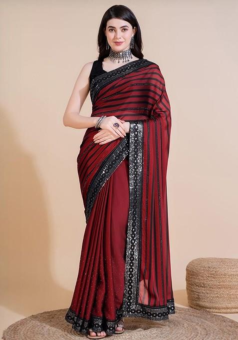 Maroon Sequin Embellished Blended Saree Set — view on Indya