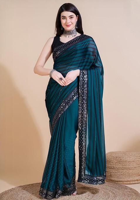 Teal Embellished Blended Saree Set — view on Indya