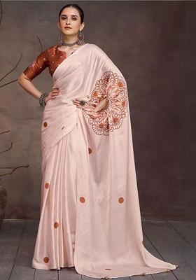 Cream Printed Blended Saree Set