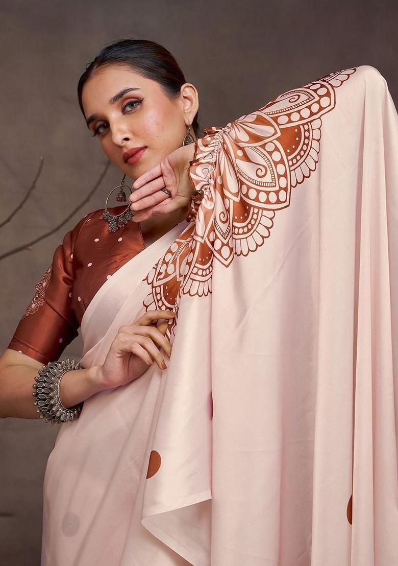 Cream Printed Blended Saree Set - Indya