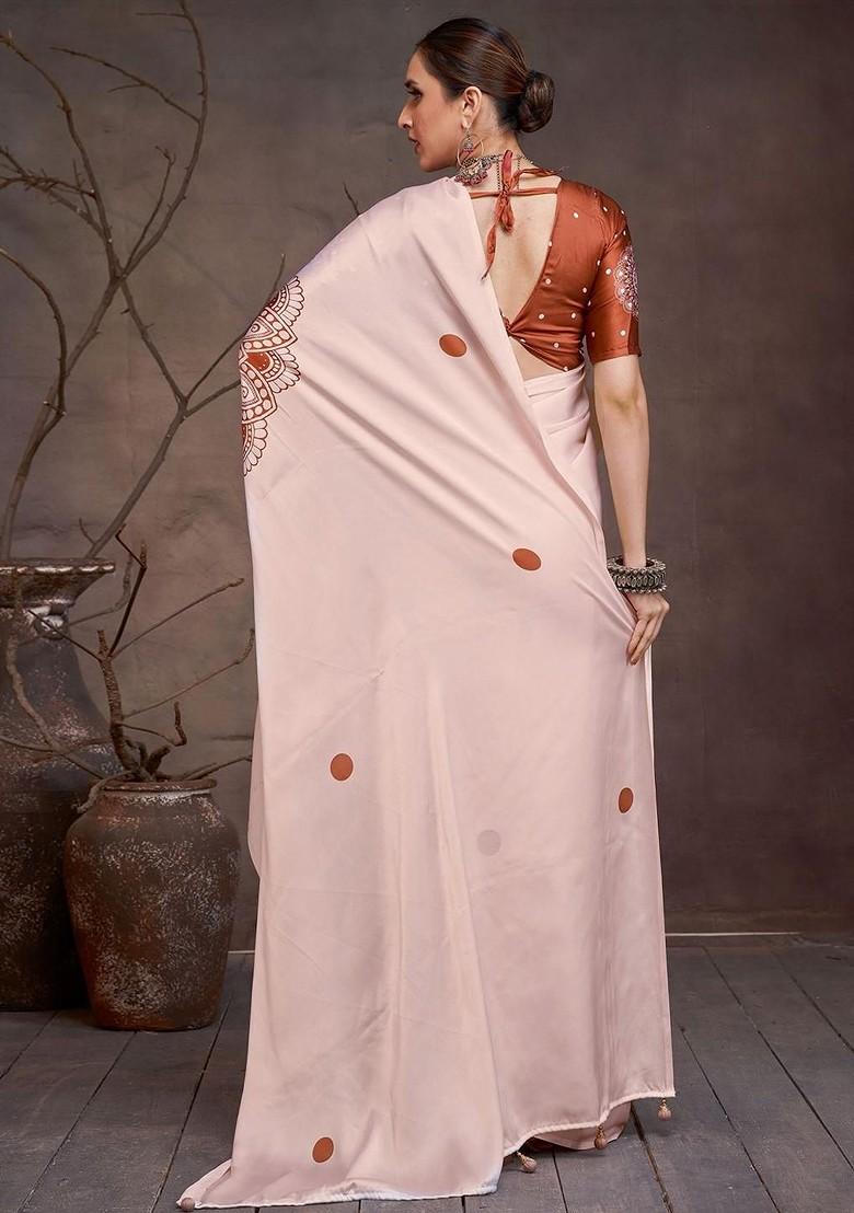 Cream Printed Blended Saree Set - Indya