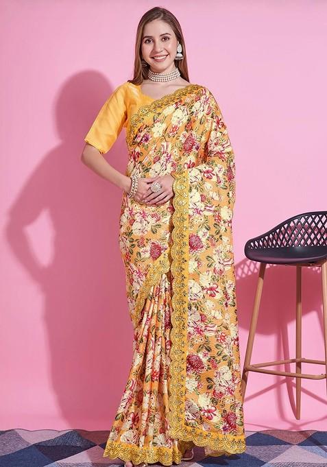 Yellow Printed Blended Saree Set