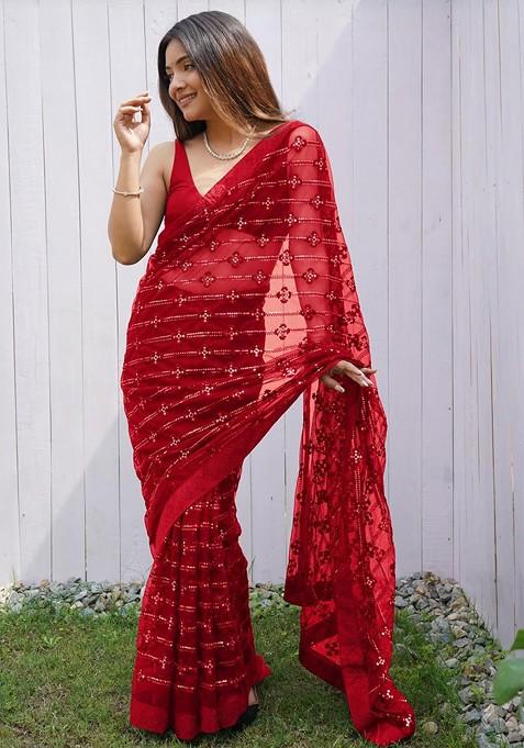 Red Embellished Blended Saree Set — view on Indya
