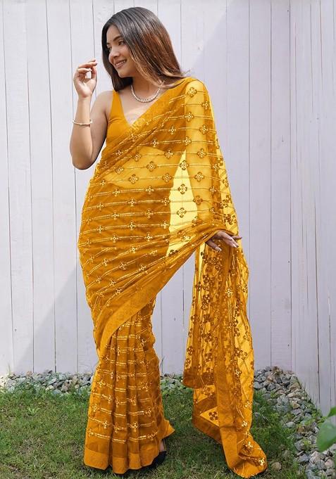 Mustard Embroidered Blended Saree Set — view on Indya