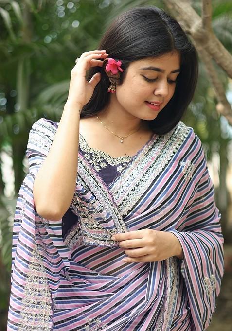 Blue Embroidered Blended Saree Set