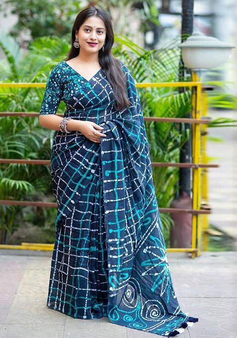 Navy Blue Batik Printed Blended Saree Set