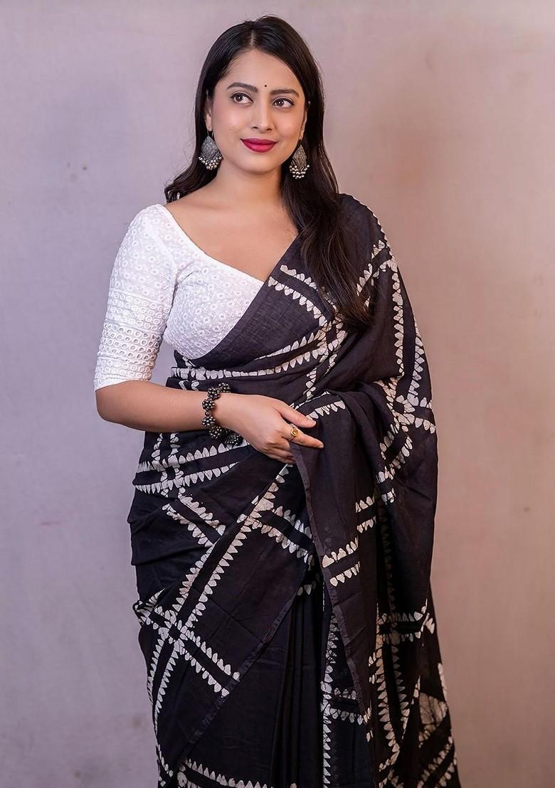 Black Batik Printed Blended Saree Set