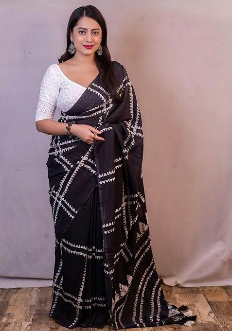 Black Batik Printed Blended Saree Set