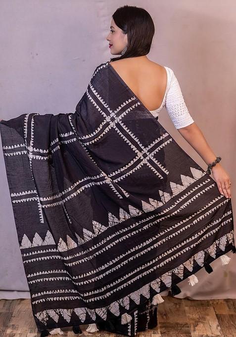 Black Batik Printed Blended Saree Set