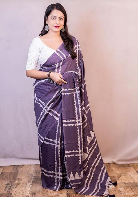 Lavender Printed Blended Saree Set