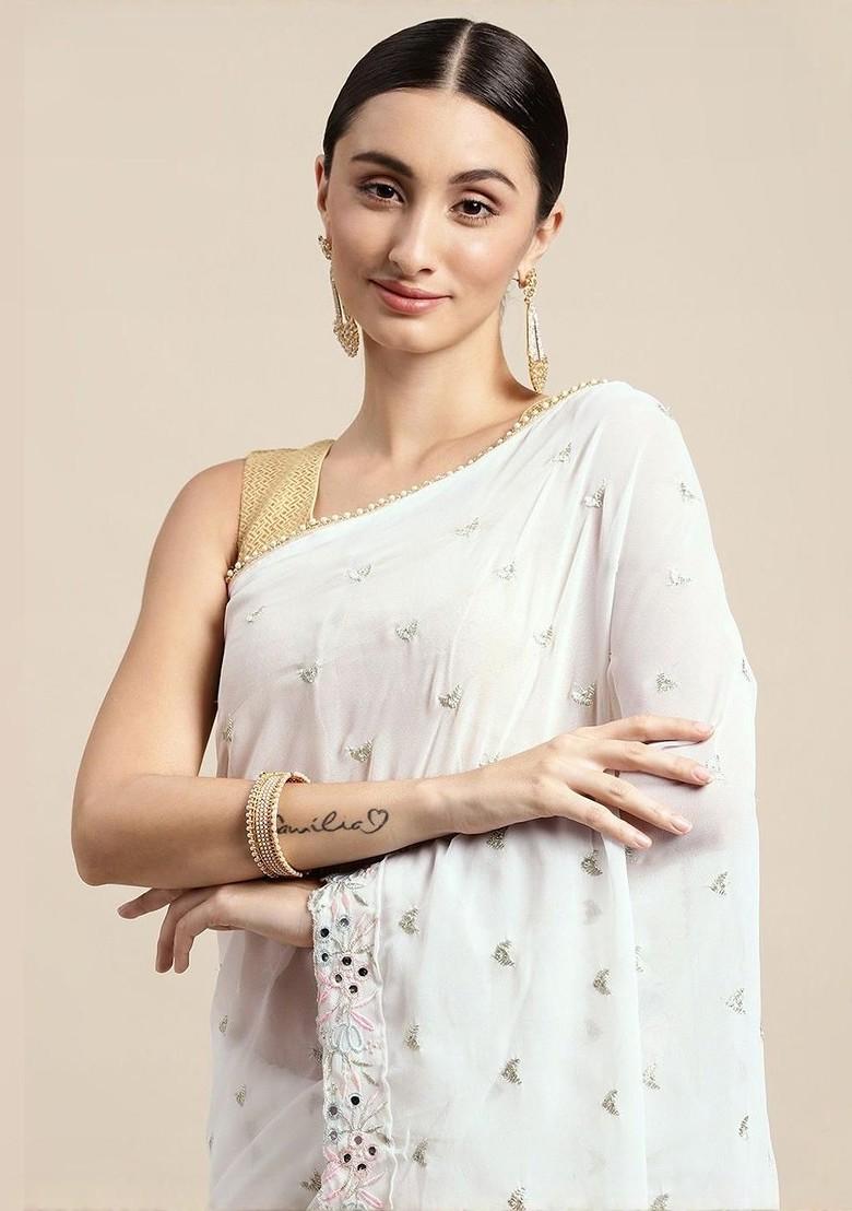 White Printed Blended Saree Set