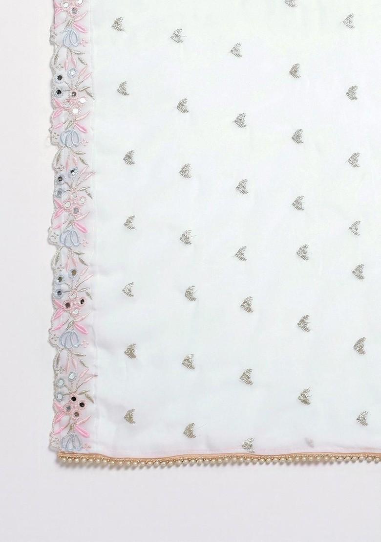 White Printed Blended Saree Set