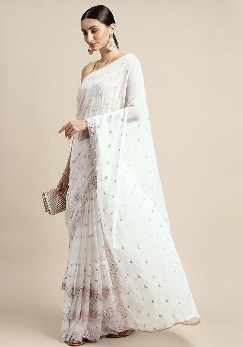 White Printed Blended Saree Set