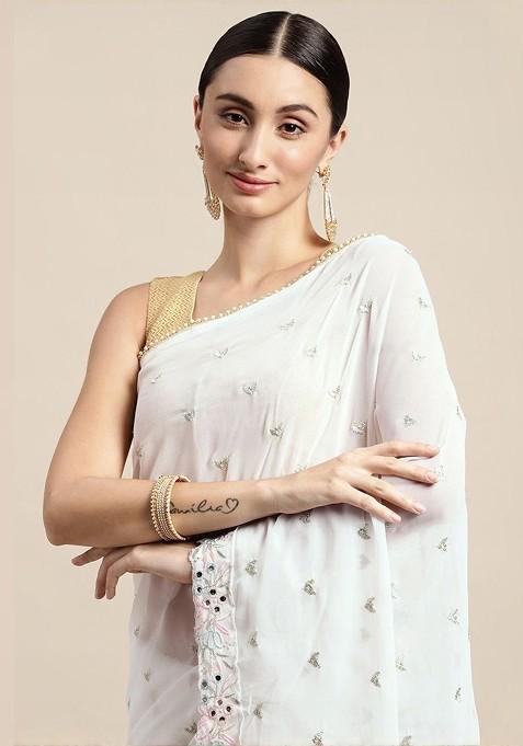 White Printed Blended Saree Set