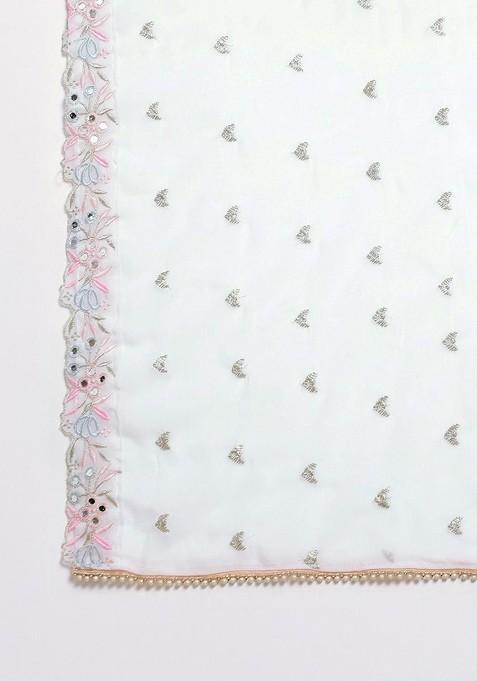 White Printed Blended Saree Set