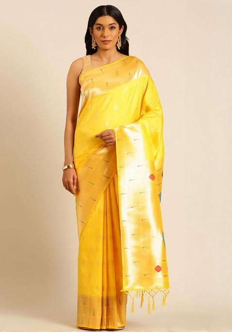 Yellow Embroidered Blended Saree Set