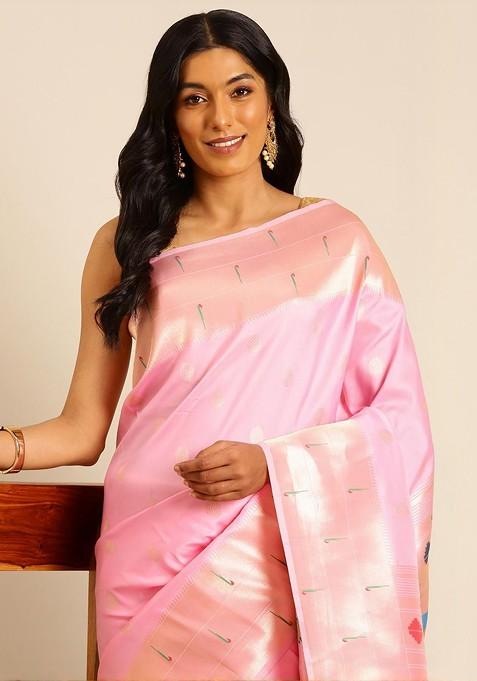 Pink Embroidered Blended Saree Set