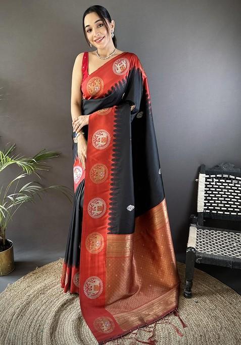 Black Embroidered Blended Saree Set