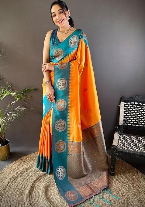 Orange Embroidered Blended Saree Set