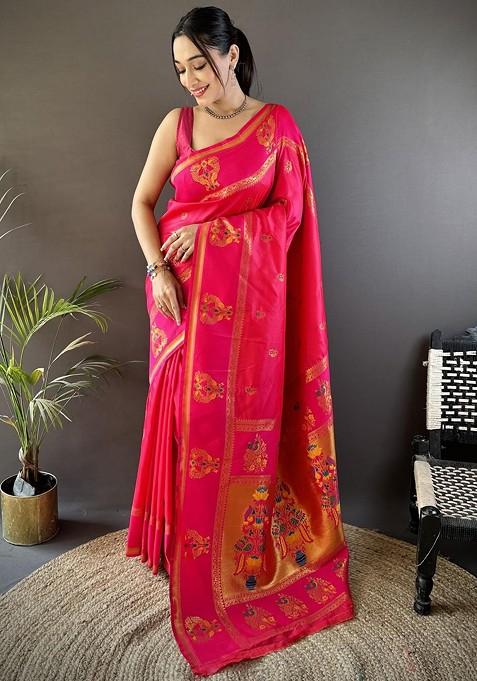 Pink Embroidered Blended Saree Set