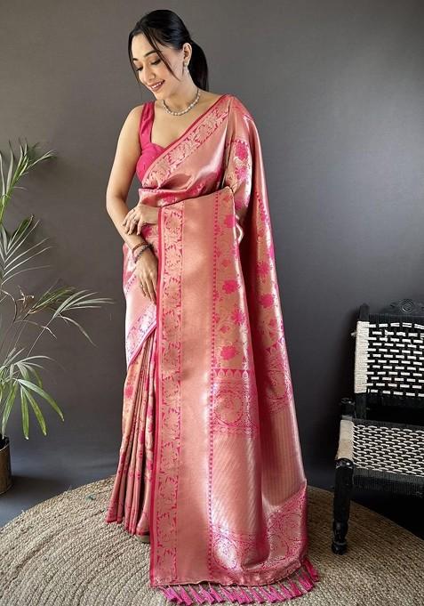 Pink Embroidered Blended Saree Set