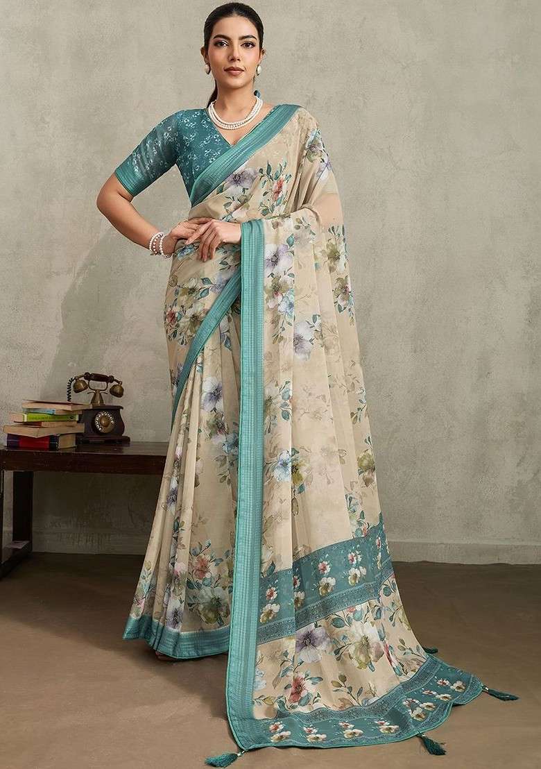 Beige Printed Blended Saree Set - Indya
