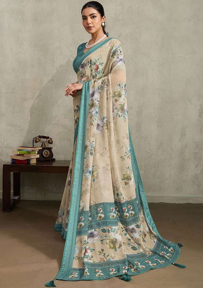 Beige Printed Blended Saree Set - Indya