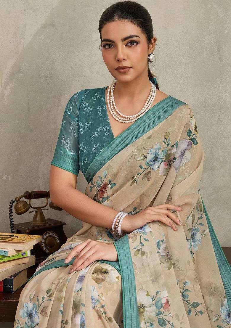 Beige Printed Blended Saree Set - Indya