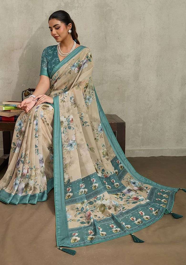Beige Printed Blended Saree Set - Indya