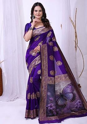 Blue Embroidered Blended Saree Set