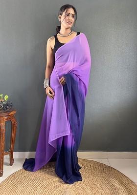 Purple Embroidered Blended Saree Set