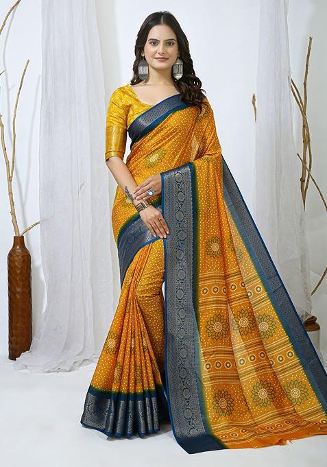 Yellow Printed Blended Saree Set