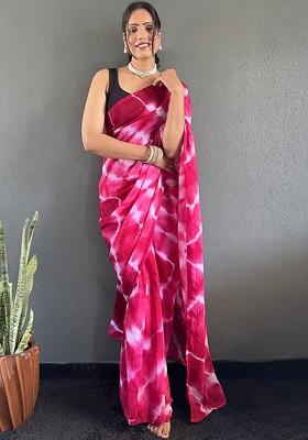 Pink Embroidered Blended Saree Set