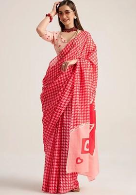 Red Embroidered Blended Saree Set