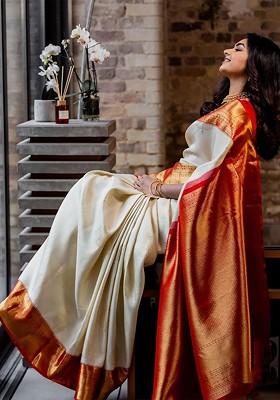 Beige Embroidered Blended Saree Set