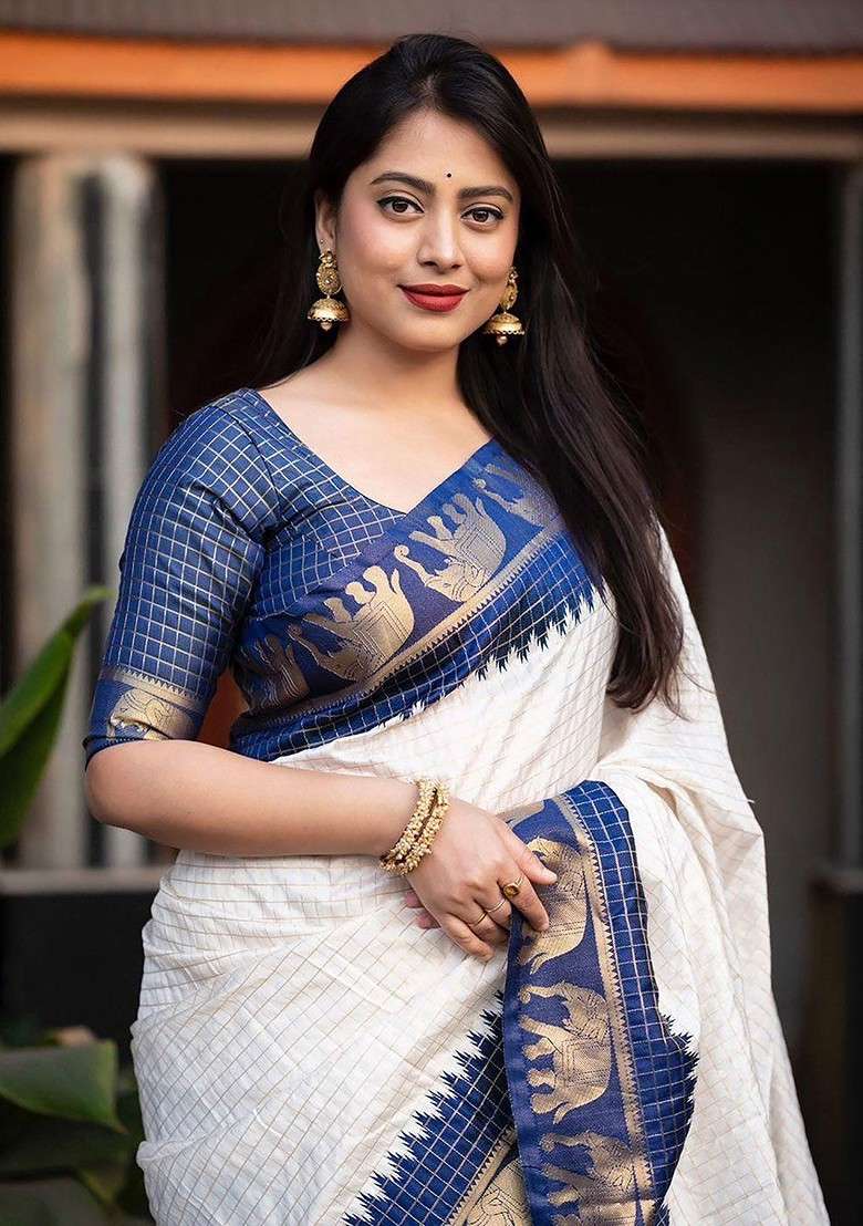Navy Blue Blended Saree Set with Embroidered for Diwali | Wedding & Festive Wear - Indya