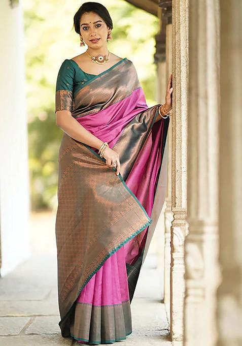 Pink Embroidered Blended Saree Set