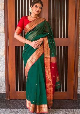 Green Embroidered Blended Saree Set