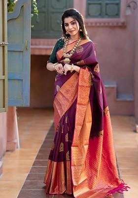 Yellow Jacquard Blended Saree Set