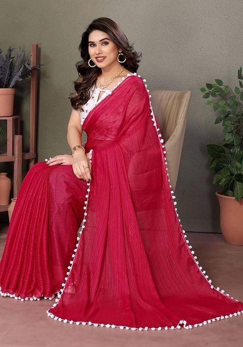Red Embroidered Blended Saree Set