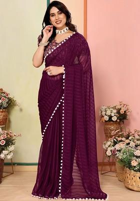 Purple Embroidered Blended Saree Set